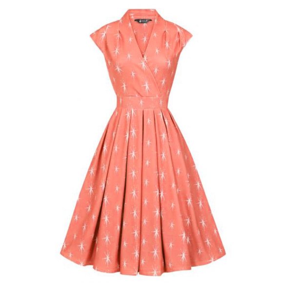 Lady Vintage London Dresses & Skirts - Lady Vintage London Eva 50s Star Starburst Print Mod Swing Dress Salmon Pink